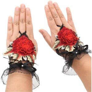 Women's A-C-Black Red Peony Flowers Embroidered Lace Gloves Cocktail Costumes